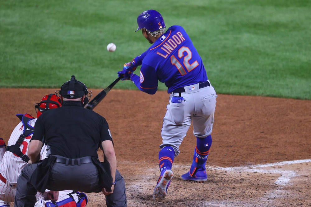 Francisco Lindor of the New York Mets hits a baseball